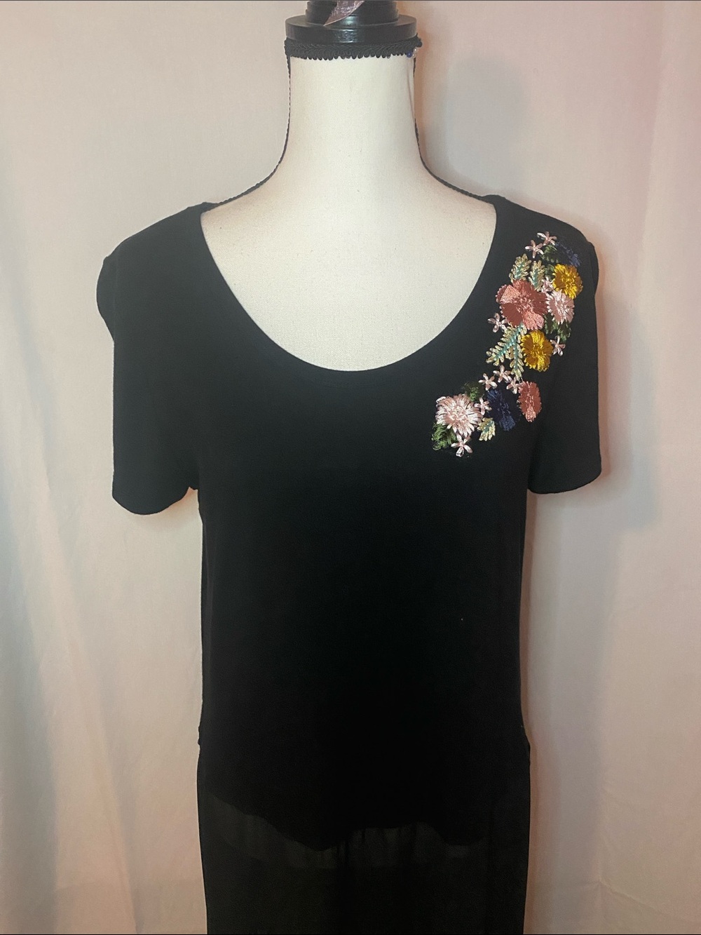 Black Short-Sleeve Scoop Neck Overlay Top with sheer bottom